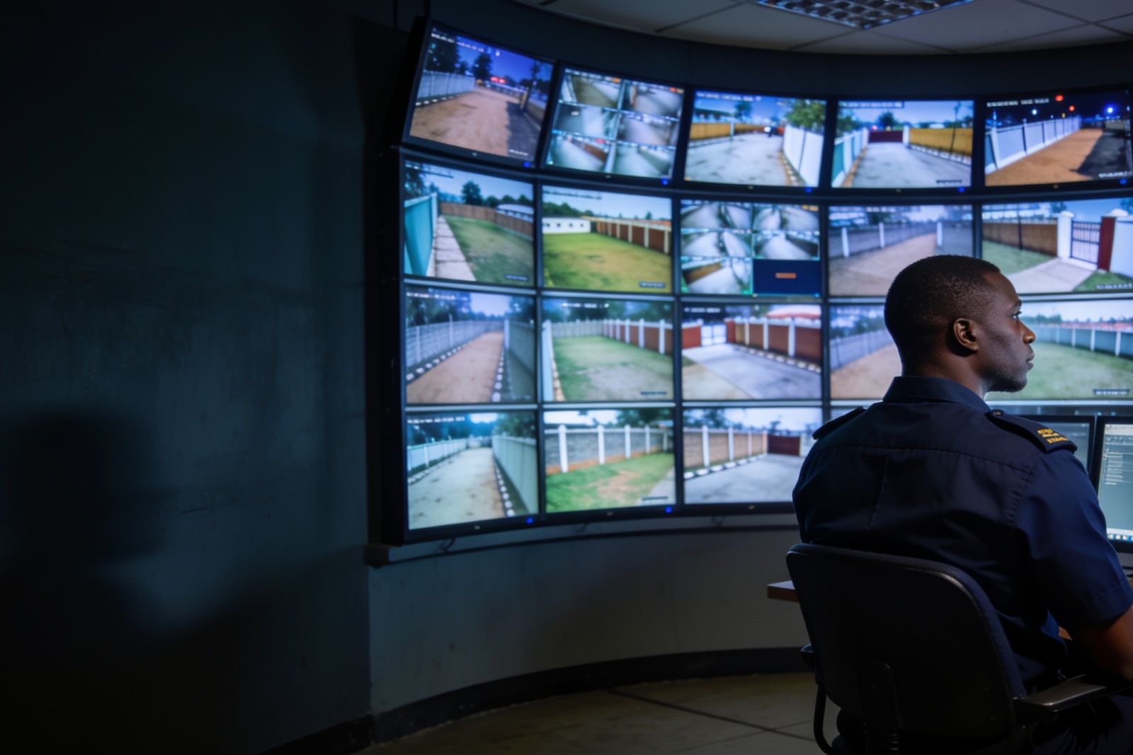 A security operator watching a wall of CCTV monitors at night