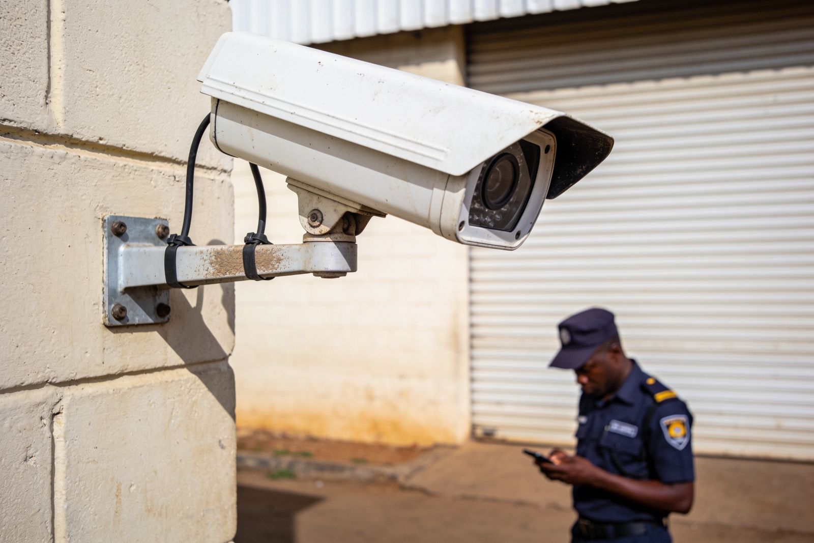An older bullet CCTV camera on a warehouse wall in Nairobi, with a security guard checking his phone below