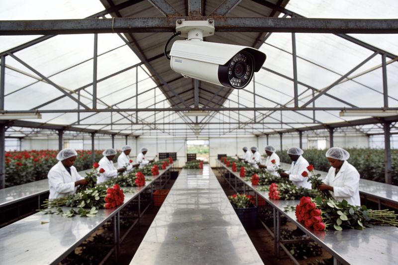 Flower packhouse in Naivasha with a camera on the roof truss