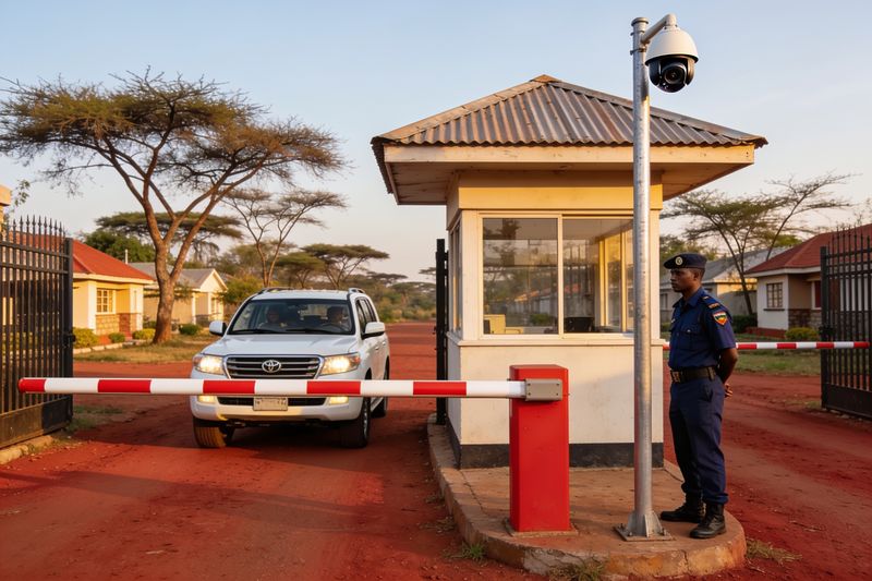 Gated residential estate entrance with guard house, boom barrier and camera