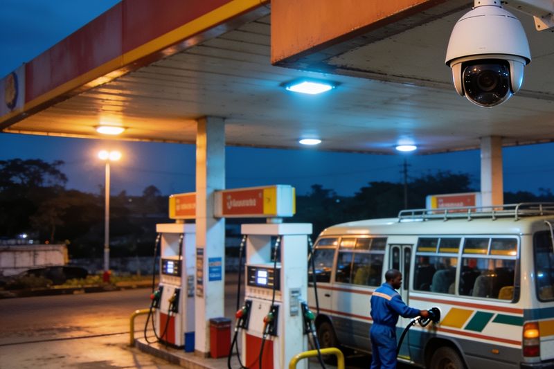 Fuel station forecourt at dusk with a dome camera under the canopy