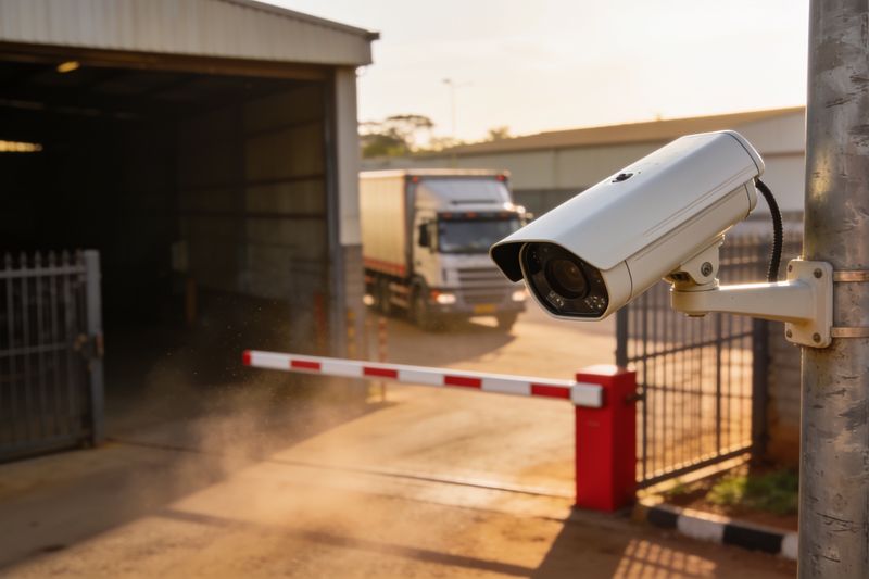Bullet camera watching a lorry at a yard boom barrier