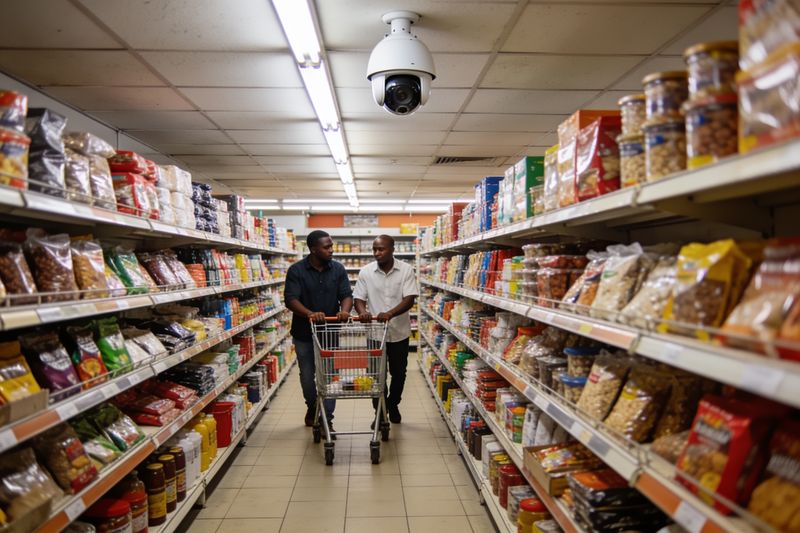 Supermarket aisle in Nairobi with a ceiling dome camera