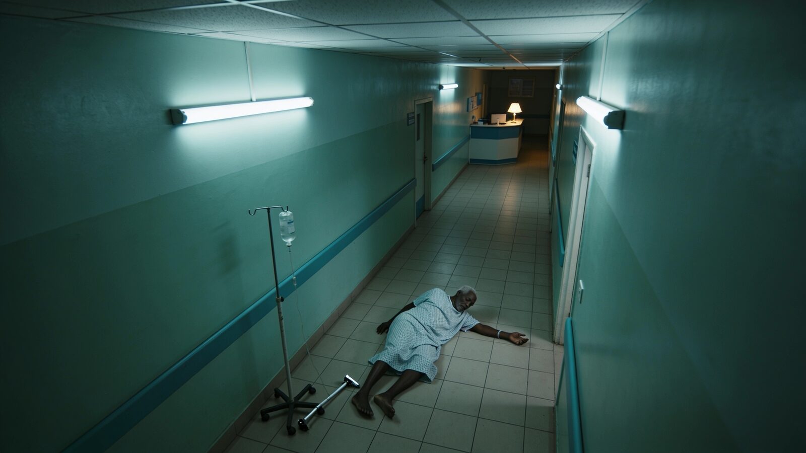 Night camera view of an empty hospital corridor with a patient lying on the floor beside a fallen drip stand