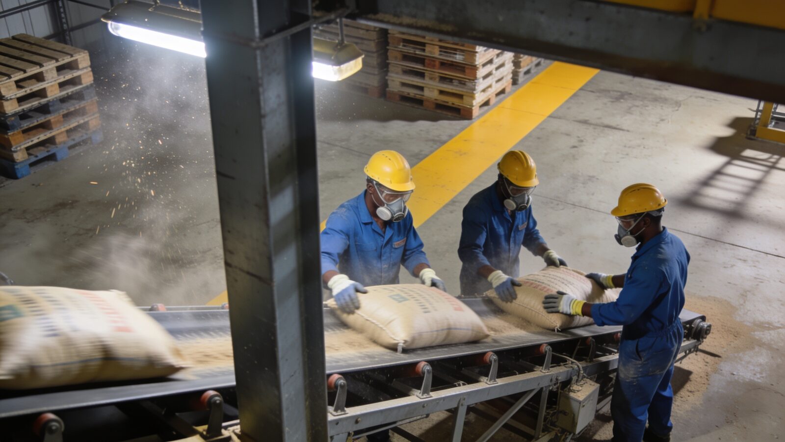 Camera view of a factory bagging line: three workers in helmets, masks and gloves handling bags on a conveyor