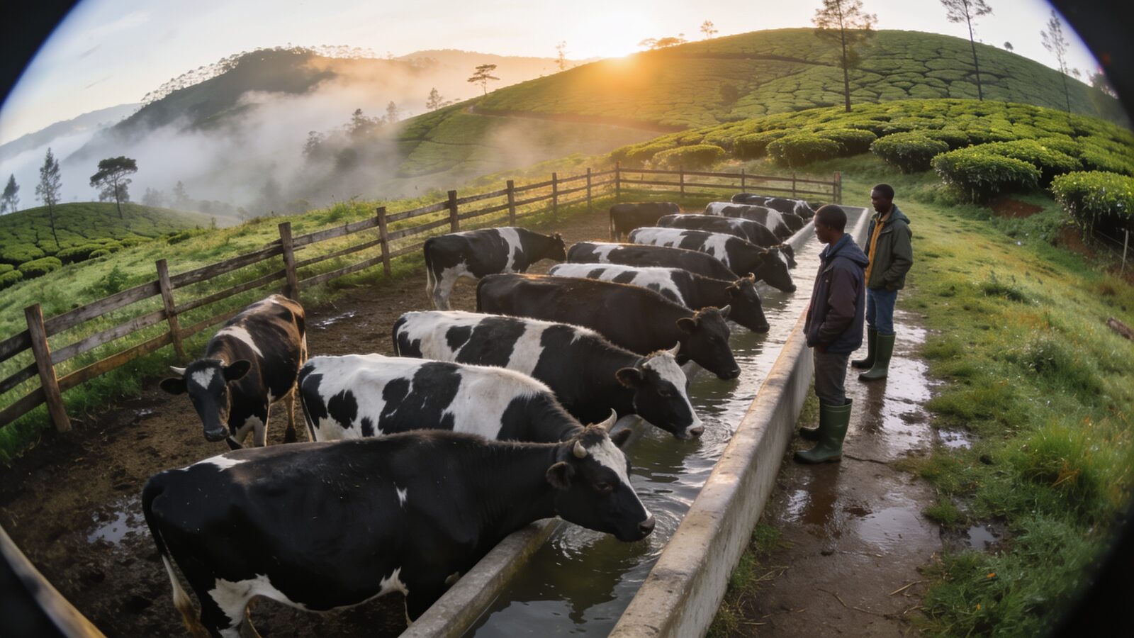 Camera view of a dairy paddock at dawn: Friesian cattle at a water trough with two herdsmen beside them