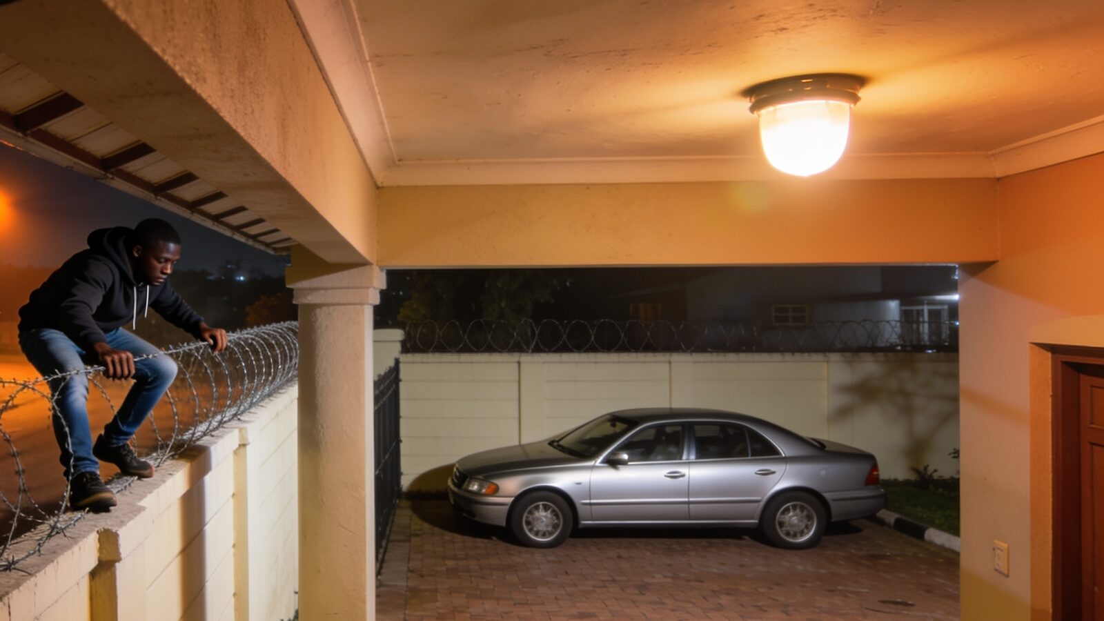 Night camera view of a Nairobi home: a man climbing over the razor-wire perimeter wall beside the parked car