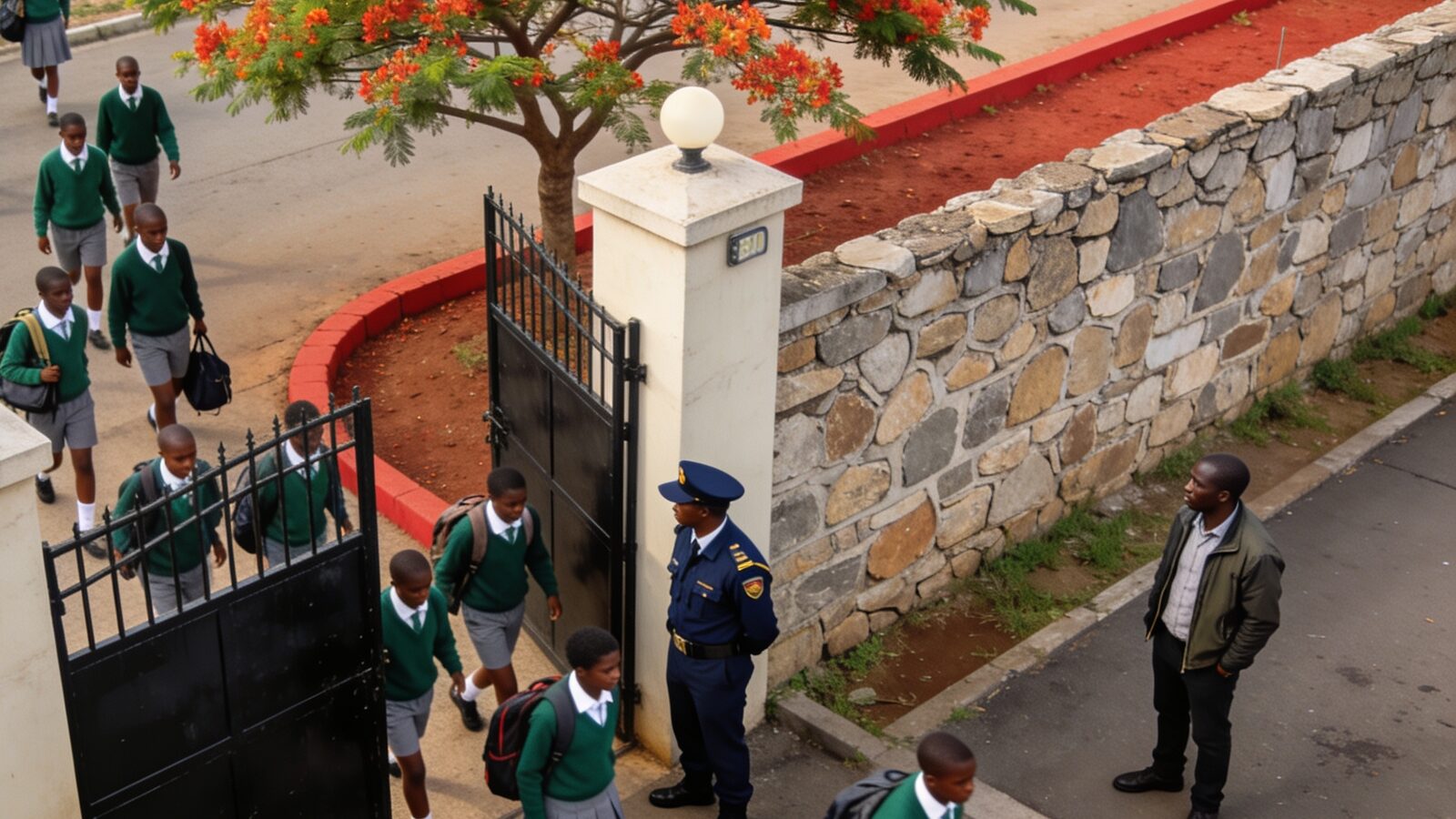 Camera view from a school gate: pupils in uniform entering past the guard while a man stands outside the wall