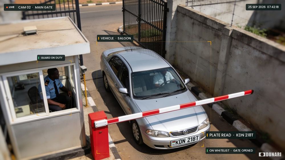 The same kind of camera's view of a gate, now with AI overlays: vehicle detected, number plate read, gate opened