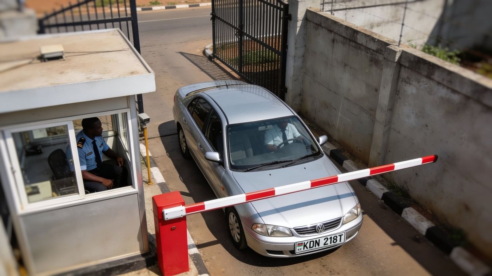 Plain CCTV frame of a car at a gate barrier