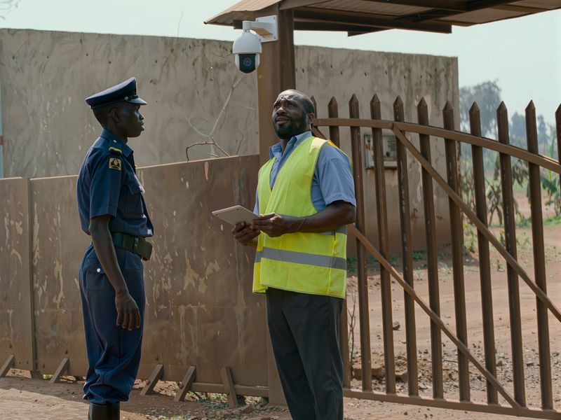 A DUNARI engineer with a tablet at a compound gate, checking an existing dome camera with the site guard