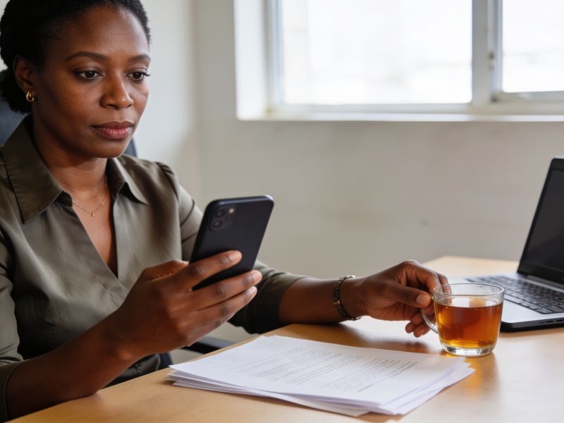 A Kenyan business owner at her desk reading an alert on her phone
