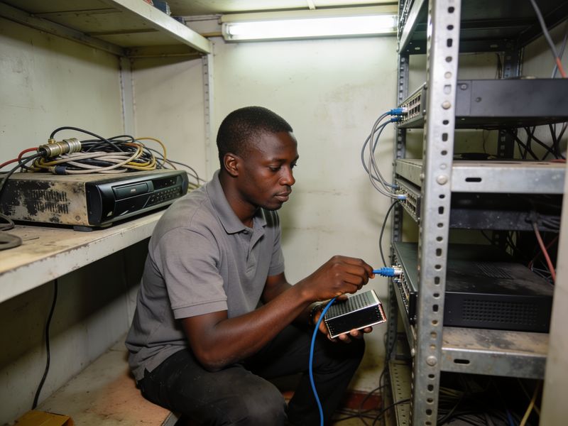 A technician plugs a compact black AI box into a rack beside an existing DVR
